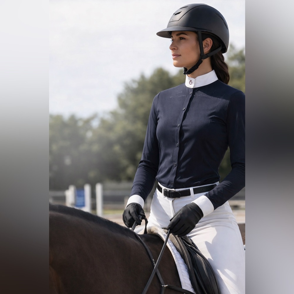 Cavalleria Toscana Navy Riding Shirt | White Collar | Stretch Performance | Sz S